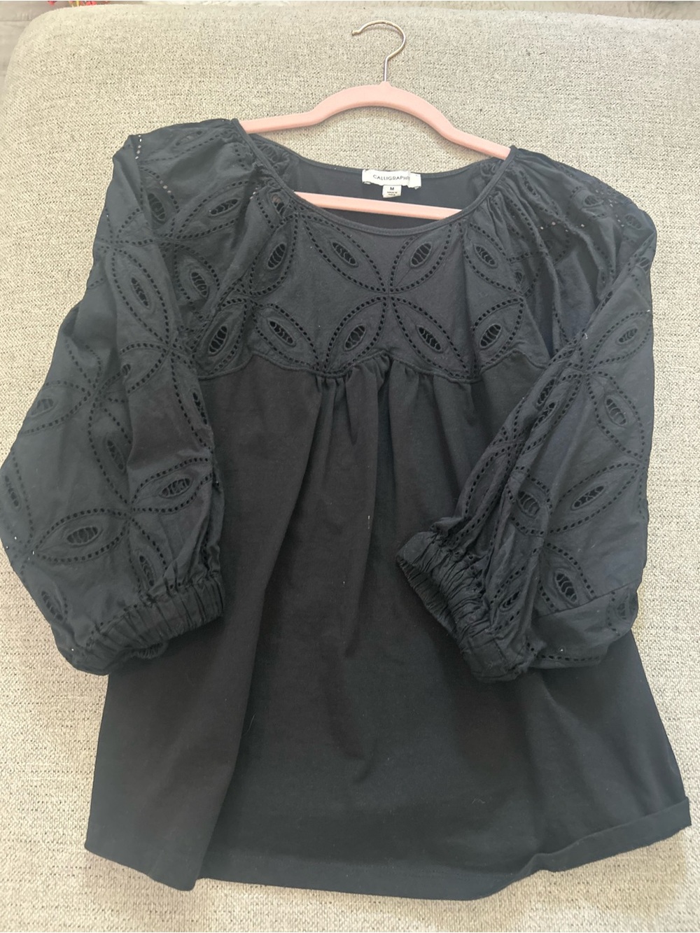 Black Eyelet Puff-Sleeve Blouse by Anthropologie
